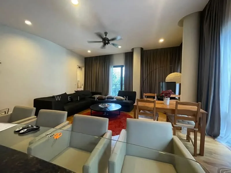 Living features: 3-seater fabric sofa in black, L-shape sectional sofa in black, coffee table, area rug in red, floor-to-ceiling windows, curtains in dark grey, ceiling fan with light, wall-mounted TV, decorative lamp, dining table with 4 wooden chairs, light wood flooring, white painted walls, column with rounded edge; style: modern.