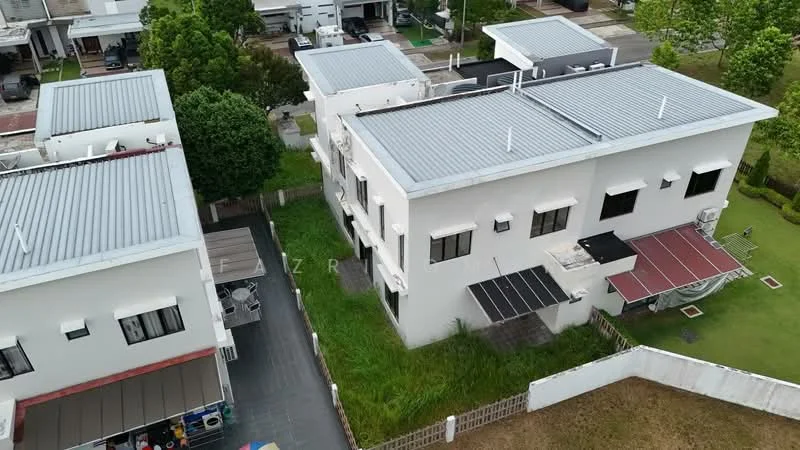 Exterior type: linked terrace house; features: white painted facade, flat roof, 2-storey building, manicured lawn, patio area with awning, multiple air conditioning units visible, surrounded by greenery, driveway with interlocking pavers; style: modern.