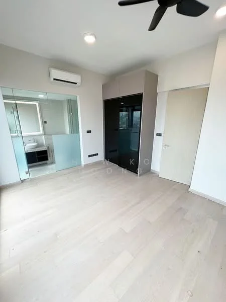 Bedroom features: light wood flooring, white painted walls, ceiling fan, built-in wardrobe with sliding doors, floor-to-ceiling windows, air conditioning unit, glass partition to bathroom, door leading to hallway; style: modern.