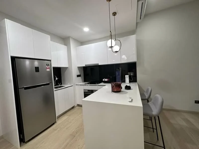Kitchen features: white cabinetry, stainless-steel fridge, black countertop, kitchen island with seating, pendant lighting, single-bowl stainless-steel sink, chrome pull-down faucet, built-in oven, ceramic tile flooring, wall-mounted split AC; style: modern.