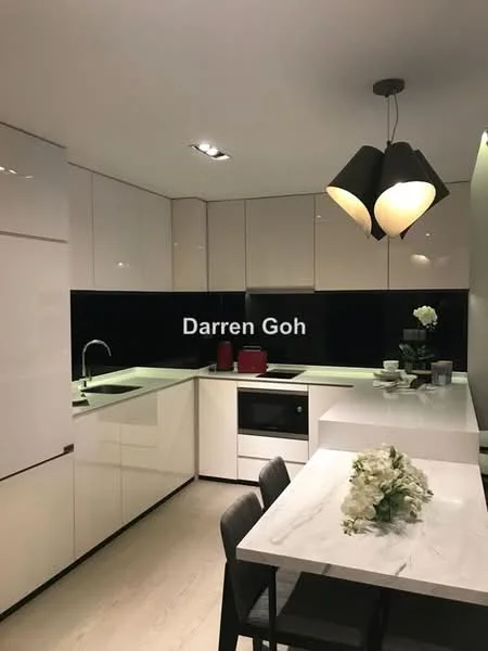 Kitchen features: white high-gloss cabinetry, black backsplash, marble countertop, single-bowl stainless-steel sink, chrome pull-down faucet, built-in oven, stainless-steel cooktop, recessed downlights, pendant light fixture, dining table with marble top, black dining chairs, decorative flower arrangement; style: modern.