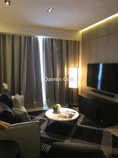 Living features: sofa in light fabric, black and white area rug, round coffee table, wall-mounted TV, floor lamp, curtains in light grey, wood paneling on wall, decorative plant on coffee table; style: modern.