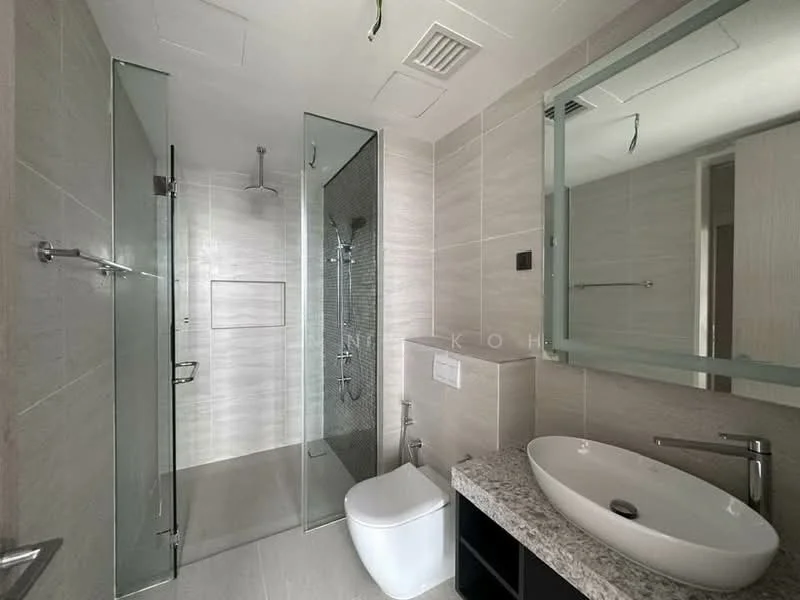 Bathroom features: walk-in shower with glass enclosure, rain shower head, handheld shower, single-sink vanity with granite countertop, oval ceramic sink, chrome basin mixer, one-piece toilet, framed mirror, light grey tiled walls, light grey tiled flooring, recessed ceiling lights, ventilation fan; style: modern.