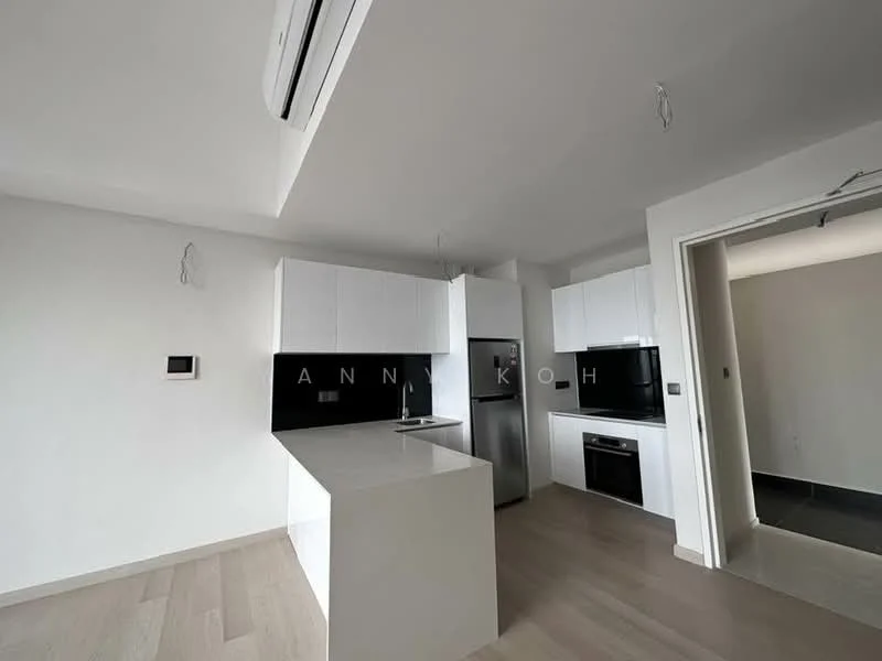 Kitchen features: white cabinetry, stainless-steel fridge, built-in oven, induction hob, white quartz countertop, single-bowl stainless-steel sink, chrome pull-down faucet, pendant lighting, open layout, light wood flooring, white painted walls, air conditioning unit; style: modern. Room features: light wood flooring, white painted walls, doorway leading to another room.