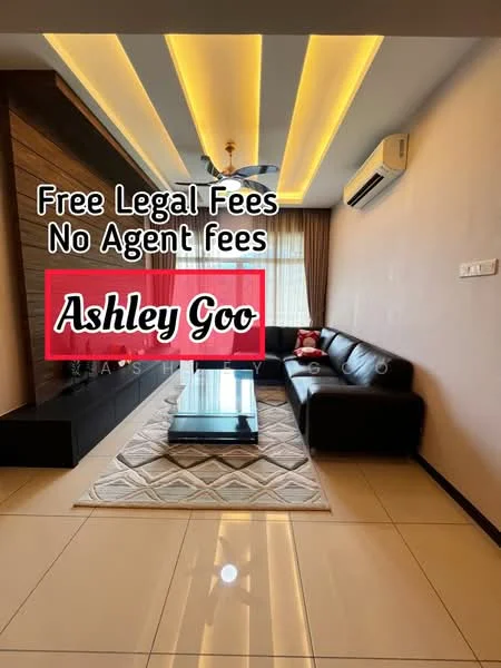 Living features: black leather sectional sofa, glass coffee table, cream area rug with geometric pattern, recessed LED downlights, ceiling fan with light, wall-mounted air conditioning unit, wood feature wall, floor-to-ceiling windows with sheer curtains, cream painted walls, glossy tile flooring; style: modern.