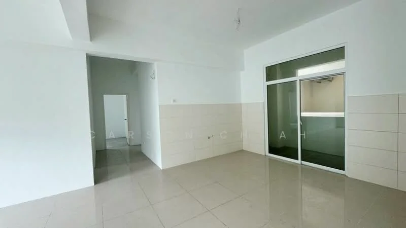Room features: white painted walls, cream tiled wall halfway up, glossy floor tiles, large glass sliding door, natural light from sliding door, plain ceiling, no visible lighting fixtures, open layout; style: modern.