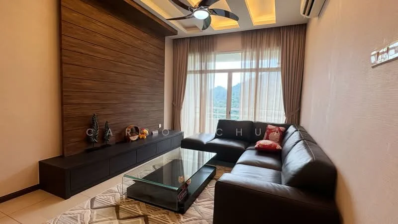 Living features: L-shape sectional sofa in black leather, glass coffee table, wood feature wall, cream painted walls, recessed downlights, 5-blade ceiling fan with light, floor-to-ceiling windows, curtains, decorative wall art, area rug with geometric pattern; style: modern; view: mountain.