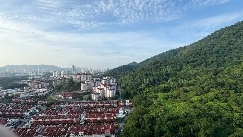 Exterior type: low-rise apartment block; features: red-tiled roofs, surrounded by greenery, view of hills, urban skyline in background, multiple low-rise buildings, curved road, manicured landscaping; style: modern.