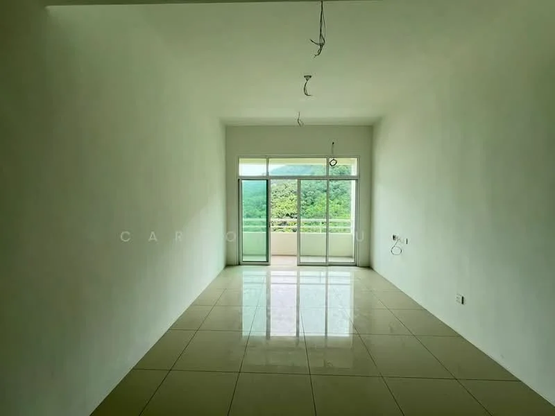 Room features: white painted walls, glossy tile flooring, large sliding glass door, floor-to-ceiling windows, mountain view, recessed ceiling lights, no visible furniture, open layout; style: modern; view: mountain.
