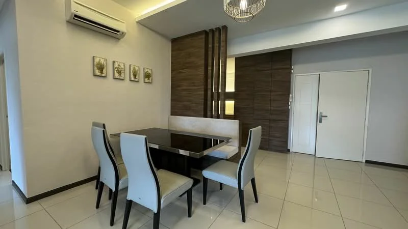 Dining features: black dining table, 4 upholstered dining chairs in light grey, cream upholstered bench seating, wall-mounted air conditioning unit, recessed ceiling lights, wood panel accent wall, glossy tile flooring, decorative wall art with 4 frames; style: modern.
