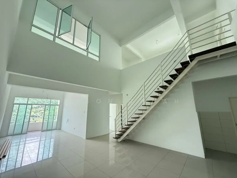 Living features: white painted walls, polished ceramic tile flooring, high ceiling, large floor-to-ceiling windows, open layout, staircase with metal railing, natural light from windows, view of greenery; style: modern; view: garden. Room features: white painted walls, polished ceramic tile flooring, high ceiling, large windows, open layout.