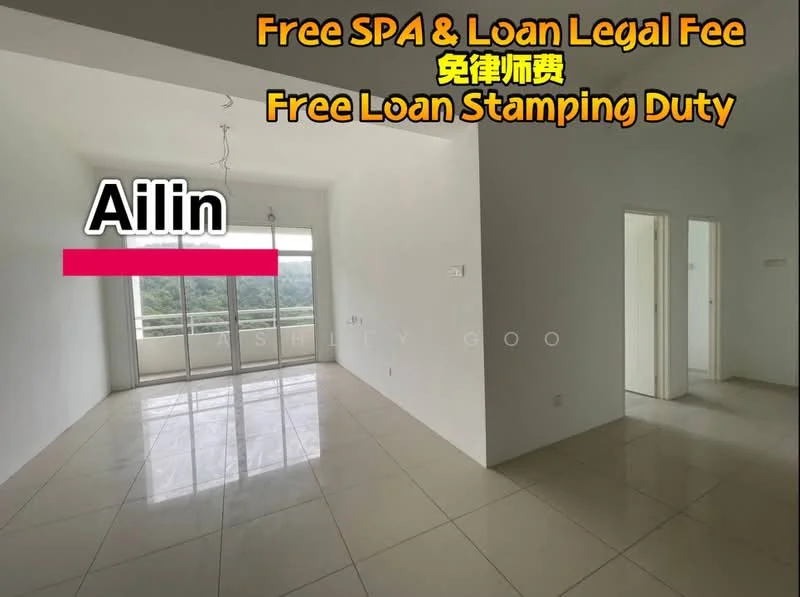 Room features: white painted walls, glossy tile flooring, large windows with natural light, open layout, ceiling with light fixture, view of greenery, neutral color scheme, no visible furniture; style: modern; view: garden.