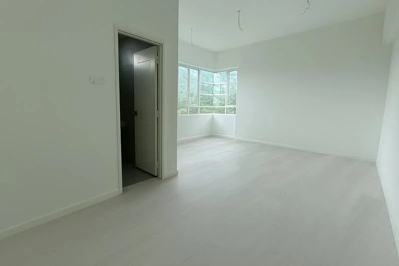 Room features: white painted walls, light wood flooring, large window with multiple panes, doorway leading to another room, no visible furniture or decor, natural light from window, minimalist design, high ceiling; style: minimalist; view: garden.