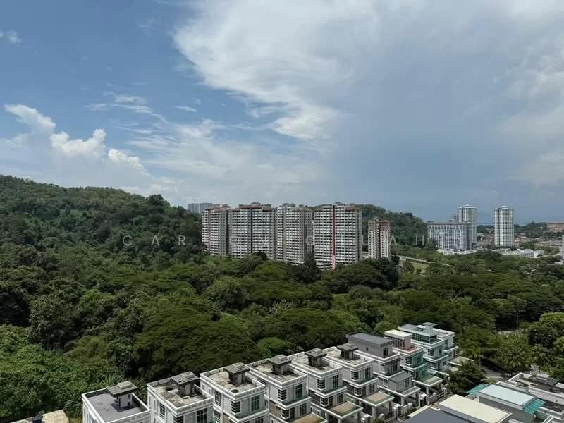 Exterior type: high-rise condominium; features: multiple high-rise buildings, surrounded by greenery, urban landscape, clear blue sky, hills in background, varied building heights; style: modern.