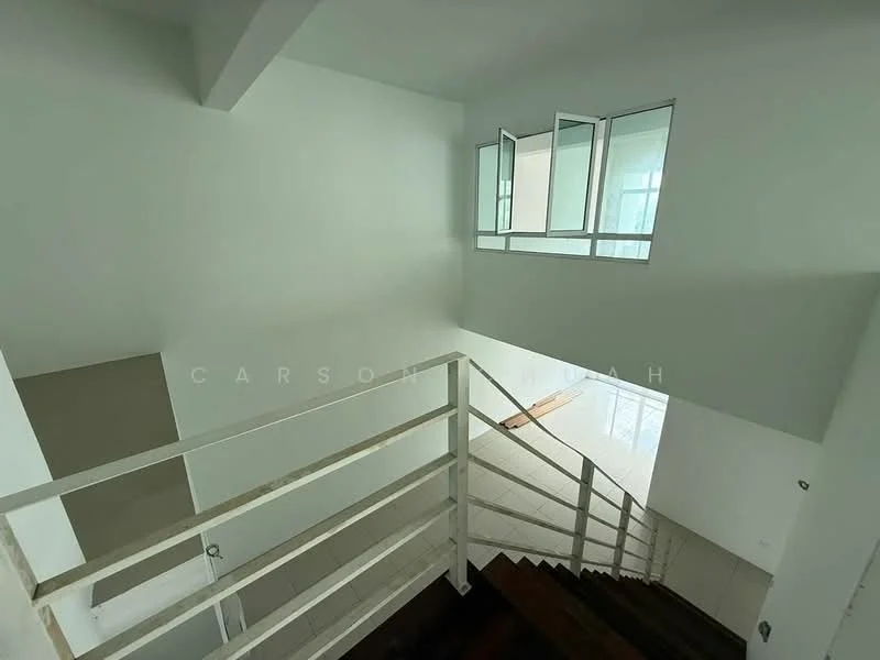 Room features: white painted walls, wooden staircase, large windows, open space, high ceiling, natural light, metal railing, tile flooring; style: modern.