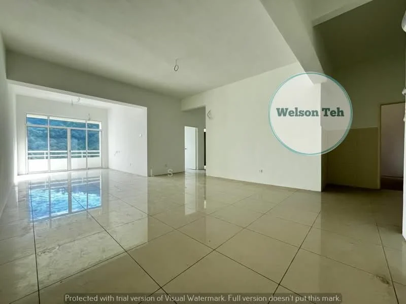 Living features: large floor-to-ceiling windows, white painted walls, high ceiling, polished ceramic tile flooring, natural light from windows, open layout, view of outdoor area, minimalist decor; style: modern; view: garden.