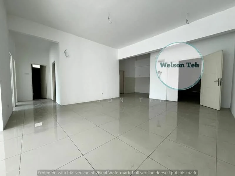 Room features: white painted walls, glossy tile flooring, recessed downlights, two doors visible, open layout, large windows, high ceiling, neutral color palette; style: modern.
