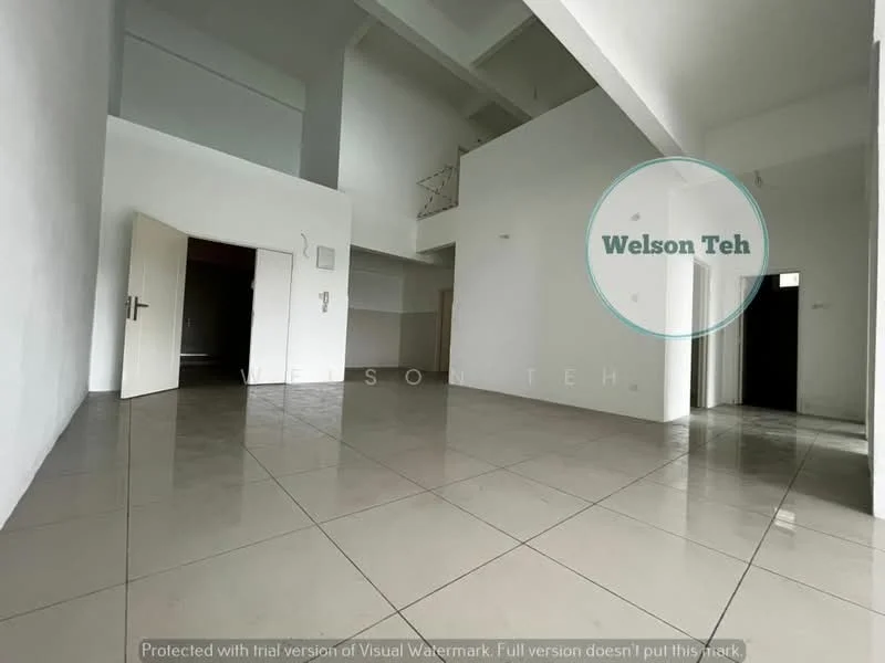 Room features: white painted walls, polished tile flooring, high ceiling, open layout, large windows, doorway leading to another room, staircase visible in background, neutral color scheme; style: modern.