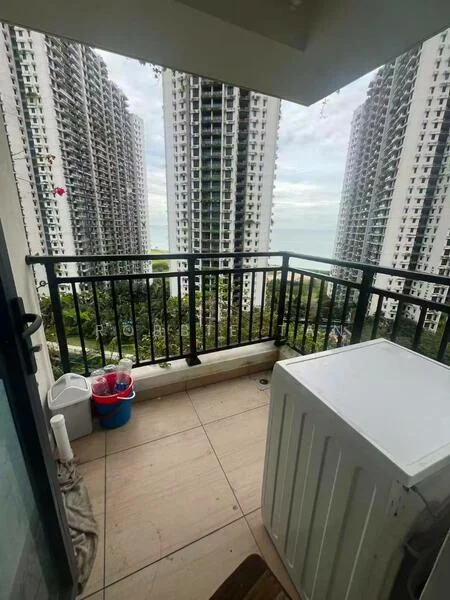 Room features: balcony, tile flooring, metal railing, ocean view, surrounding high-rise buildings, outdoor laundry area, storage bin, plastic storage containers; style: modern; view: sea.