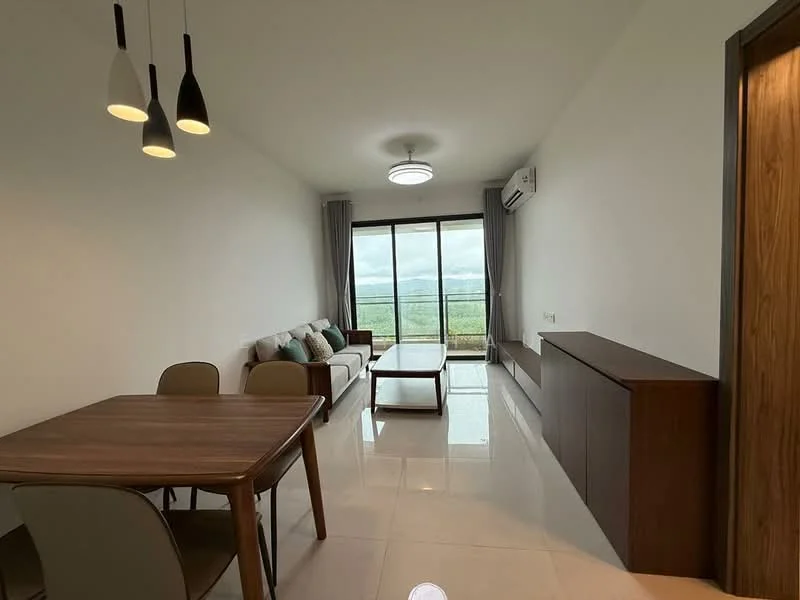 Living features: 3-seater fabric sofa in light grey, wood coffee table, dining table with 4 chairs, floor-to-ceiling windows, curtains, wall-mounted air conditioning unit, light fixtures with 3 pendant lights, glossy tile flooring, neutral painted walls, wooden sideboard; style: modern; view: mountain.