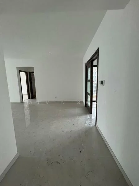 Room features: white painted walls, polished marble flooring, recessed downlights, doorway leading to another room, large windows, neutral color scheme; style: modern.