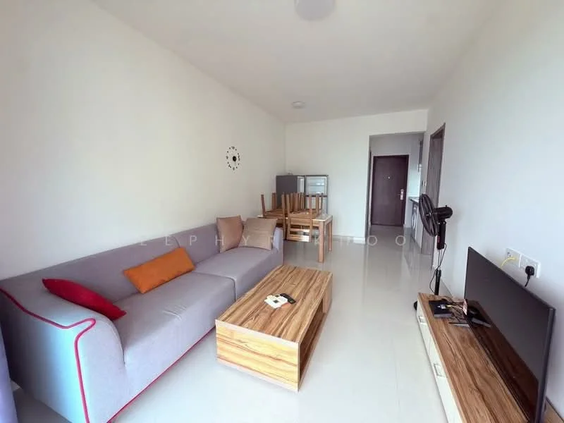 Living features: grey fabric sofa, red accent cushion, wooden coffee table, flat-screen TV on console, white painted walls, glossy tile flooring, recessed ceiling lights, dining table with chairs, floor-to-ceiling window, curtains, wall-mounted TV, decorative wall clock; style: modern.