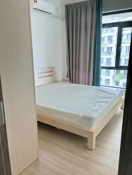 Bedroom features: queen-size bed with protective covering, light wood bed frame, floor-to-ceiling window, curtains in grey and blue, wall-mounted split AC, laminate flooring, white painted walls, built-in wardrobe; style: modern; view: garden.