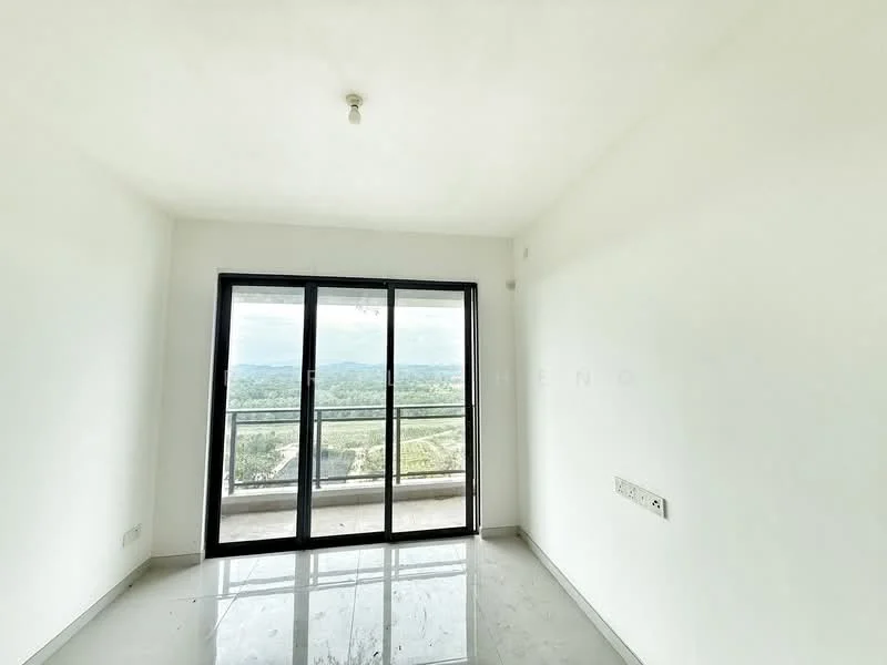 Room features: white painted walls, grey tile flooring, floor-to-ceiling sliding glass door, mountain view, single ceiling light fixture; style: modern; view: mountain.