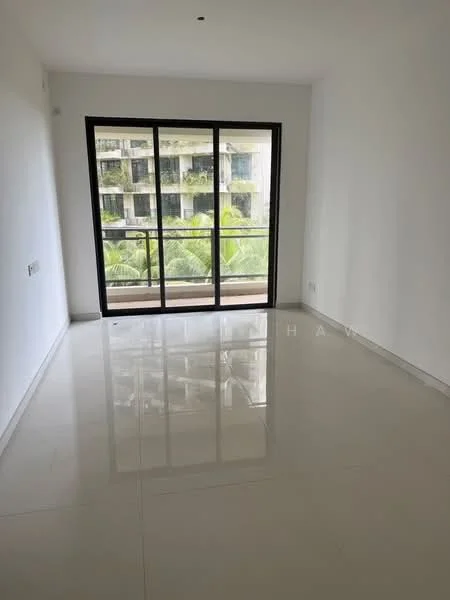 Room features: white painted walls, glossy ceramic tile flooring, floor-to-ceiling windows, black window frames, balcony access, natural light from large window, minimalist design, no visible furniture or decor; style: modern; view: garden.