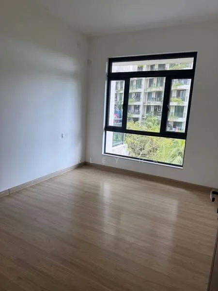 Room features: white painted walls, laminate flooring, large window with black frame, view of greenery outside; view: garden.