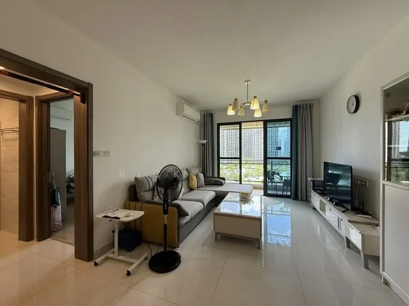 Living features: grey fabric sofa, 3-seater sofa, coffee table with white top, TV console, wall-mounted TV, floor-to-ceiling windows, curtains, ceiling light fixture with multiple bulbs, air conditioning unit, decorative wall clock, white tiled flooring, area rug; style: modern; view: garden. Room features: doorway leading to hallway, light-colored walls, mirror on wall.