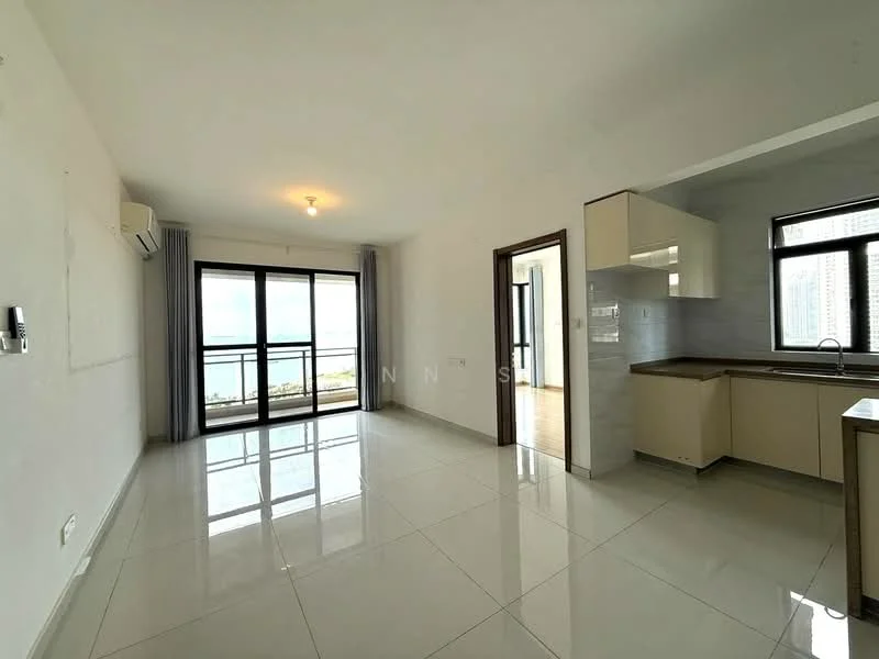 Living features: large floor-to-ceiling windows with city view, white painted walls, glossy ceramic tile flooring, 1 wall-mounted split AC, recessed downlights, neutral color scheme, open layout to kitchen, sliding glass door to balcony; style: modern; view: city. Kitchen features: laminate cabinetry, single-bowl stainless-steel sink, chrome pull-down faucet, countertop with backsplash, built-in oven, freestanding range oven, refrigerator space, window above sink; style: modern.