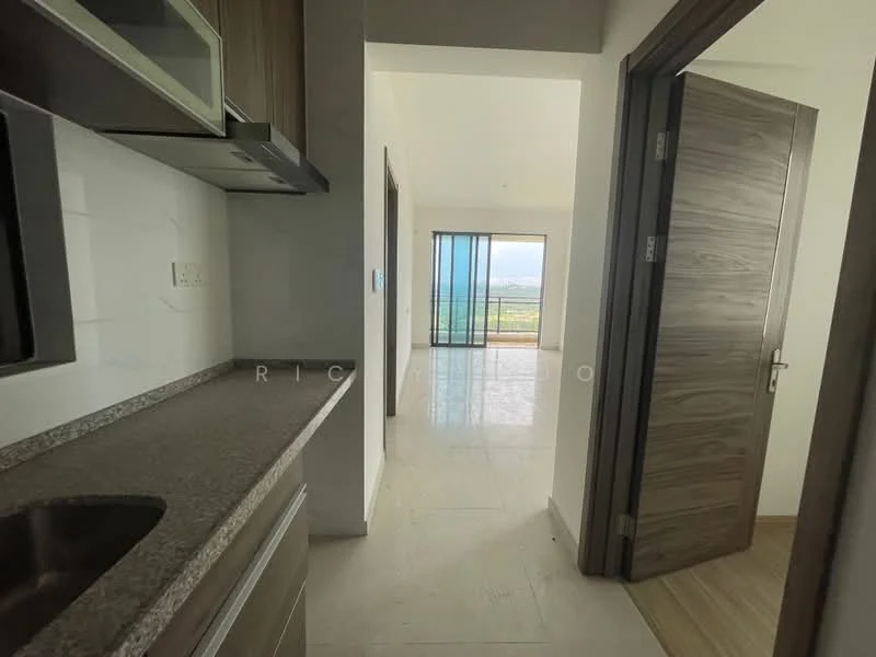 Kitchen features: granite countertop, stainless-steel sink, built-in cabinets, microwave, ceramic tile flooring, white painted walls; style: modern. Room features: floor-to-ceiling windows, sliding glass door, white painted walls, ceramic tile flooring, door leading to another room; view: city.