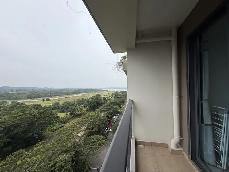 Room features: balcony, tile flooring, metal railing, view of greenery, view of road, outdoor space; view: garden.