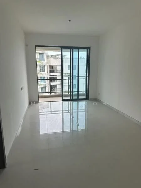 Room features: white painted walls, glossy ceramic tile flooring, floor-to-ceiling sliding glass door, balcony access, natural light from large window, minimalist design, no visible furniture, neutral color scheme; style: modern.