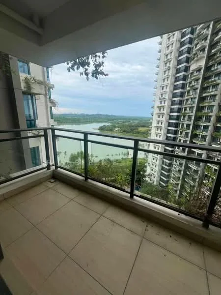 Balcony features: floor-to-ceiling glass railing, tiled flooring, view of water, view of surrounding greenery, overhanging plants; style: modern; view: lake.
