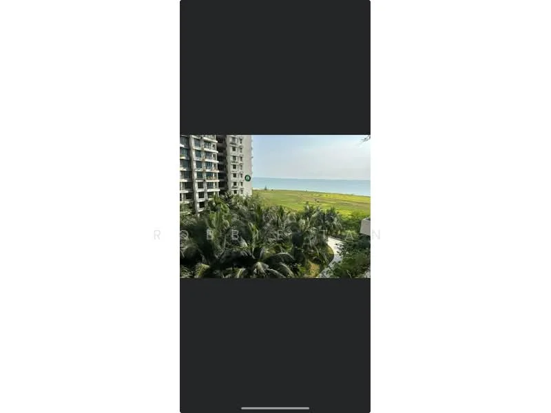 Exterior type: high-rise condominium; features: sea view, landscaped garden, manicured lawn, palm trees, surrounding greenery, balconies on building, glass facade, multiple storeys; style: modern.