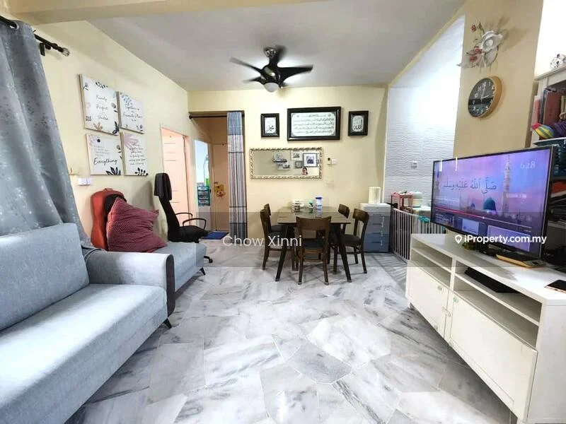 Living features: grey fabric 3-seater sofa, round dining table with 4 chairs, white TV console, wall-mounted TV, decorative wall art, marble tile flooring, light grey curtains, recessed lighting, built-in cabinetry, open layout; style: modern.