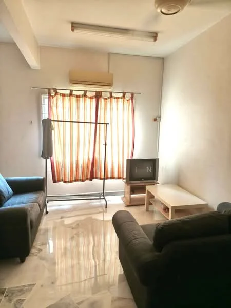Living features: 2-seater fabric sofa in dark grey, 3-seater fabric sofa in black, marble flooring, wall-mounted air conditioning unit, large window with sheer curtains, wooden coffee table, clothes rack, TV console, television.