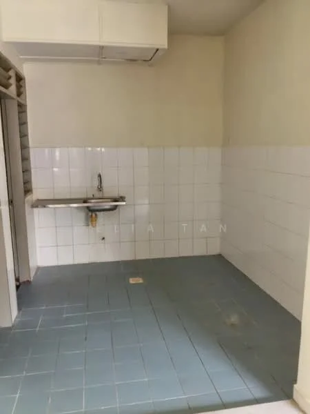 Kitchen features: white tiled walls, blue ceramic tile flooring, single-bowl stainless-steel sink, wall-mounted faucet, kitchen countertop, wall-mounted air conditioning unit.