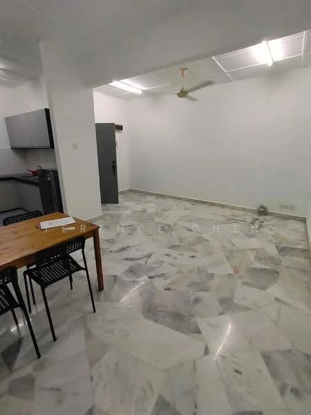 Living features: marble flooring, white painted walls, ceiling fan, dining table with wooden legs, black chairs, open layout, kitchen area visible, refrigerator visible; style: modern.
