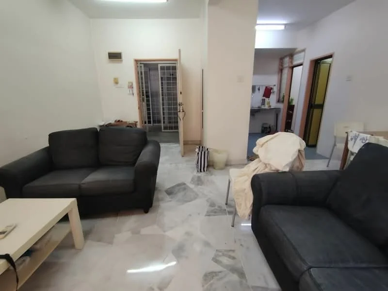 Living features: grey fabric sofa, 2-seater sofa, coffee table, marble flooring, white walls, recessed lighting, open layout to kitchen, visible door to hallway; style: modern. Room features: white walls, marble flooring, visible kitchen area, doorway leading to another room.