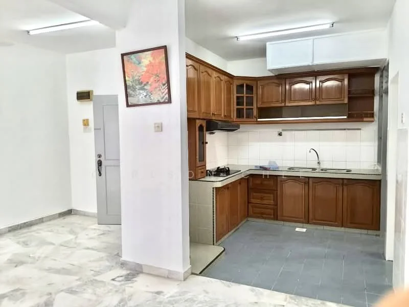 Kitchen features: brown wooden cabinetry, granite countertop, single-bowl stainless-steel sink, chrome pull-down faucet, built-in gas stove, white tiled backsplash, marble tile flooring, recessed ceiling lights; style: modern. Room features: white painted walls, marble tile flooring, recessed ceiling lights.