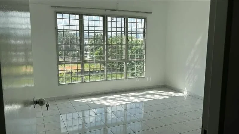 Room features: white painted walls, glazed tile flooring, large grid windows, natural light, view of greenery, ceiling light fixture, corner room, spacious layout; style: minimalist; view: garden.