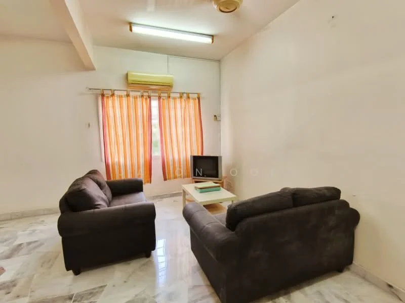 Living features: 2-seater fabric sofa in dark grey, 2-seater fabric sofa in dark grey, coffee table, wall-mounted TV, floor-to-ceiling windows, orange striped curtains, marble flooring, ceiling light fixture, wall-mounted air conditioning unit; style: modern.