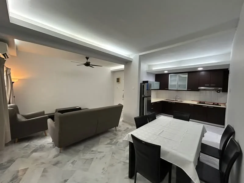 Living features: 3-seater fabric sofa in grey, coffee table, ceiling fan, recessed LED downlights, floor-to-ceiling windows, marble flooring, curtains, wall-mounted TV, open layout to kitchen, decorative lamp; style: modern. Kitchen features: dark wood cabinetry, stainless-steel fridge, built-in oven, 4-burner gas hob, single-bowl stainless-steel sink, chrome pull-down faucet, white tiled backsplash, countertop with overhang, recessed LED downlights; style: modern. Dining features: 6-seater dining table, black dining chairs, tablecloth, marble flooring; style: modern.