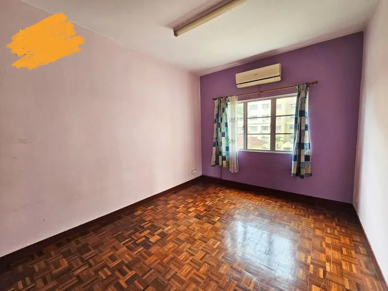 Room features: purple painted accent wall, light pink painted walls, parquet wood flooring, window with curtains, wall-mounted air conditioning unit, ceiling light fixture.