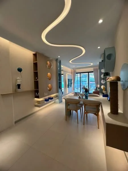 Living features: curved ceiling with integrated LED lighting, light-colored walls with textured finish, large floor-to-ceiling windows, neutral tiled flooring, decorative wall shelves, modern dining table with four chairs, decorative vases on shelves, accent wall with circular decor elements, open layout connecting to dining area, stylish decor pieces, plant decoration, minimalist furniture design; style: modern; view: city.
