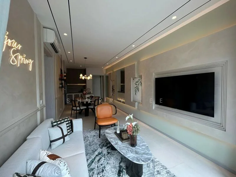 Living features: white sofa with black and red accent pillows, round marble coffee table, orange armchair, wall-mounted TV, decorative wall panel, recessed LED downlights, decorative wall art, light-colored walls with textured finish, neutral-colored flooring, air conditioning unit, floor-to-ceiling windows, decorative plant in ceramic pot; style: modern.