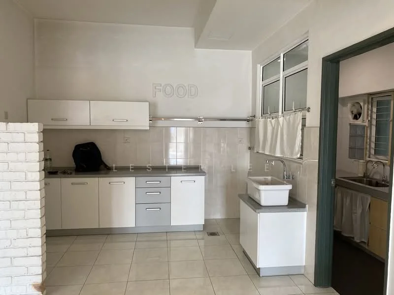 Kitchen features: white cabinetry with flat-panel doors, grey countertop, single-bowl stainless-steel sink, chrome pull-down faucet, built-in gas hob, white tiled backsplash, ceramic tile flooring, window with metal frame, open shelving, exposed brick wall, wall-mounted storage rack; style: modern.
